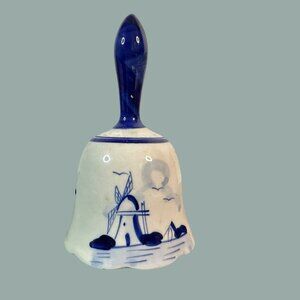 Vintage Hand Painted Blue Delft Ceramic Bell With Floral & Windmill Design McM